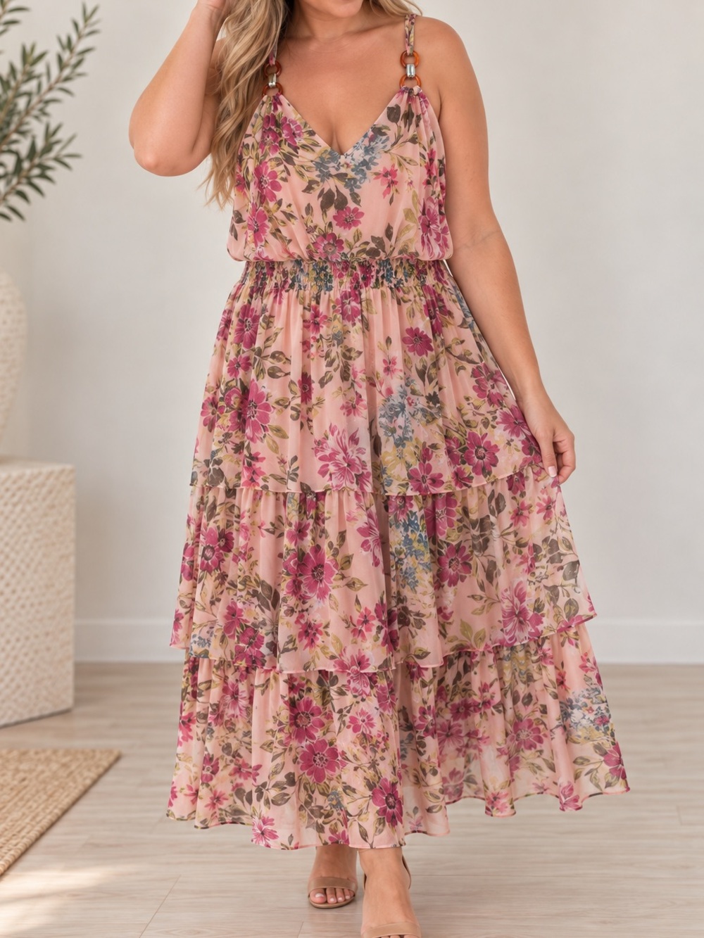 Kate and Lily 16W Pink Floral Tiered Midi Dress Smocked Waist